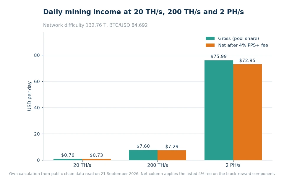 Bar chart of gross and net daily mining income at 20 TH/s, 200 TH/s and 2 PH/s